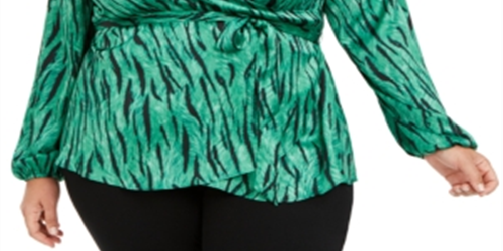 INC International Concepts Women's Plus Animal Print V Neck Wrap Top Green Size 0X