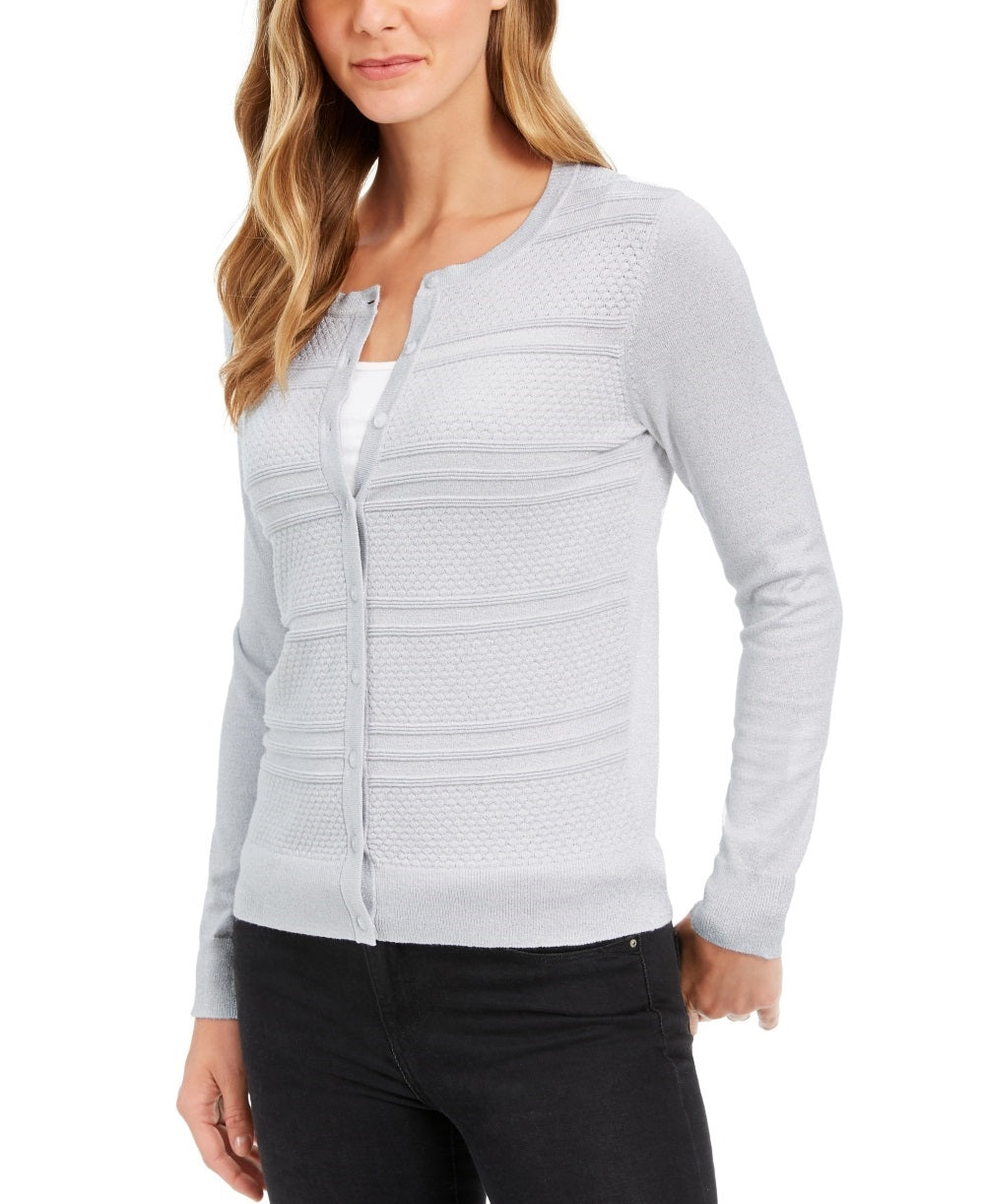 Charter Club Women's Textured Lurex Cardigan Sweater Gray Size Large