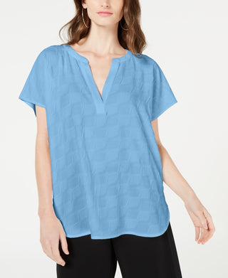 Alfani Women's V Neck Textured Top Blue Size Petite Medium