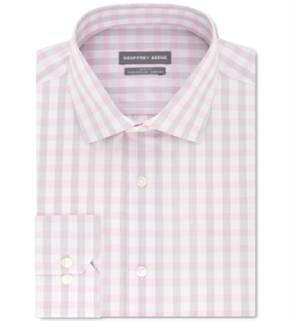 Geoffrey Beene Men's Slim Fit Performance Stretch Plaid Dress Shirt Blush Size L 16-16/5