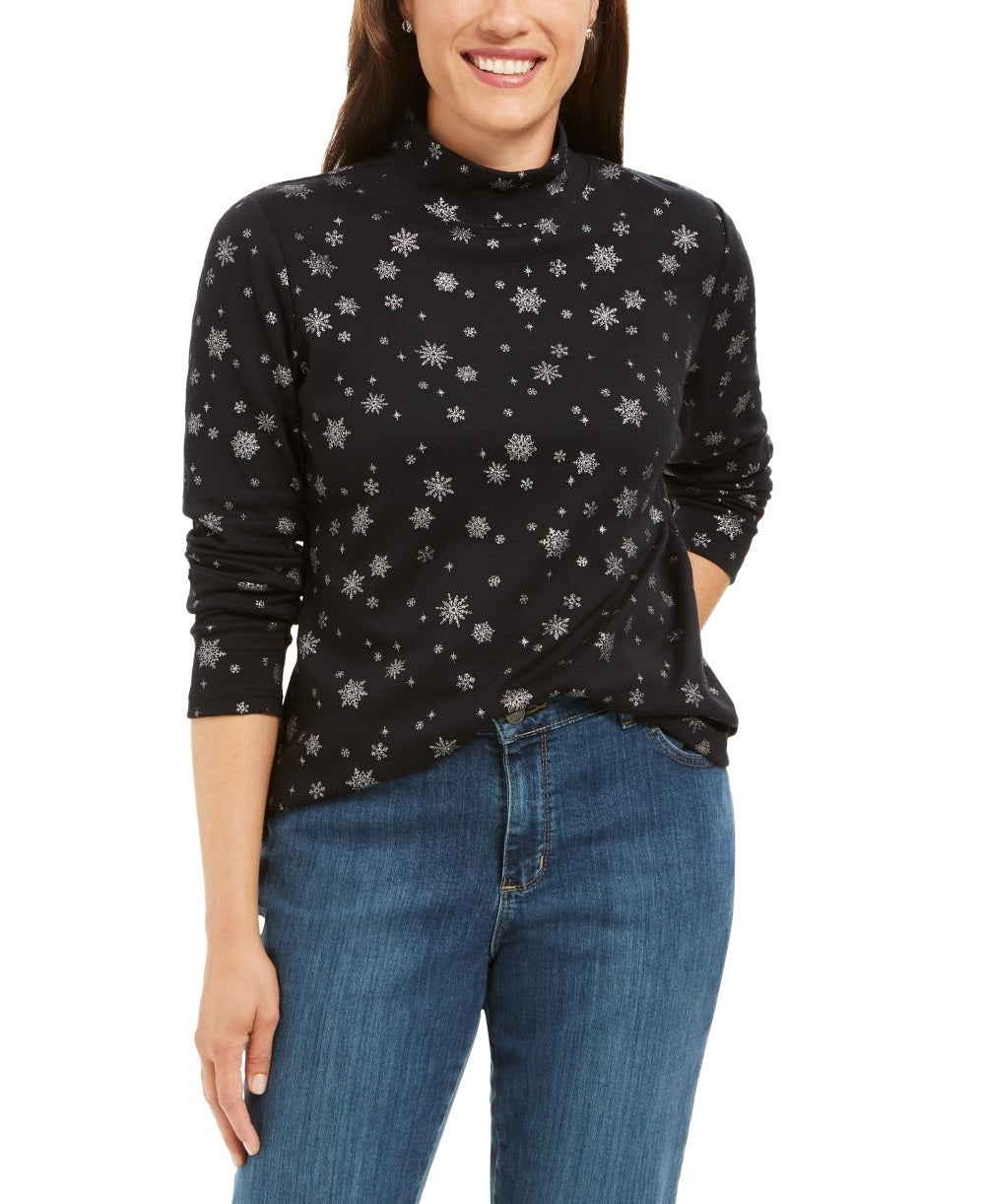 Karen Scott Women's Snowy Glory Mock Neck Top Black Size Petite Medium