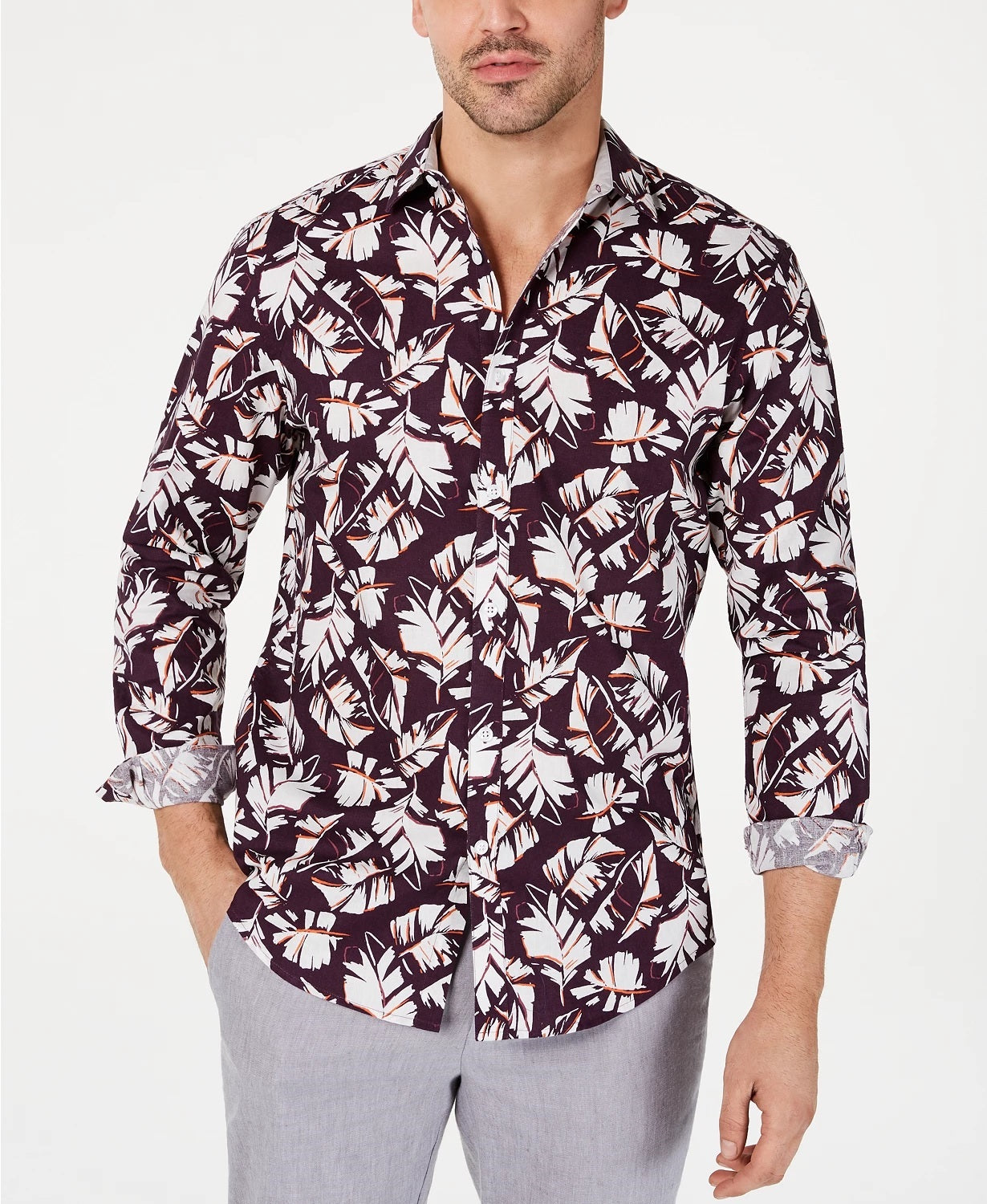 INC International Concepts Men's Adrian Linen Collared Button Down Shirt Purple Size X-Large