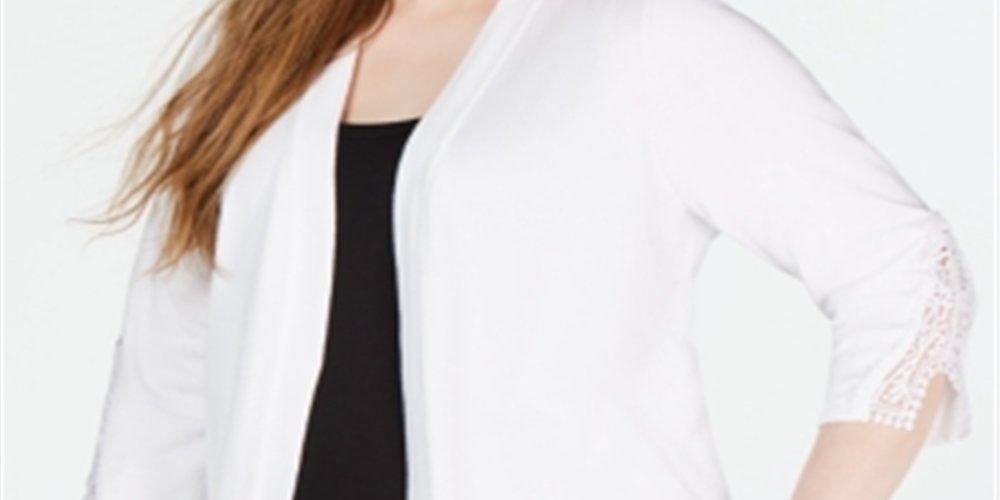 JM Collection Women's Plus Crochet Trim Cardigan White Size 0X