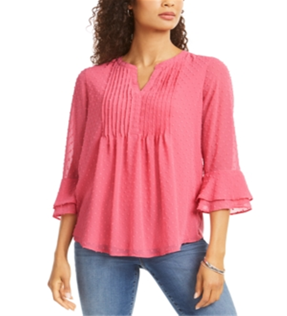 Charter Club Women's Double Ruffle Textured Pintuck Top Pink Rose Size Petite L