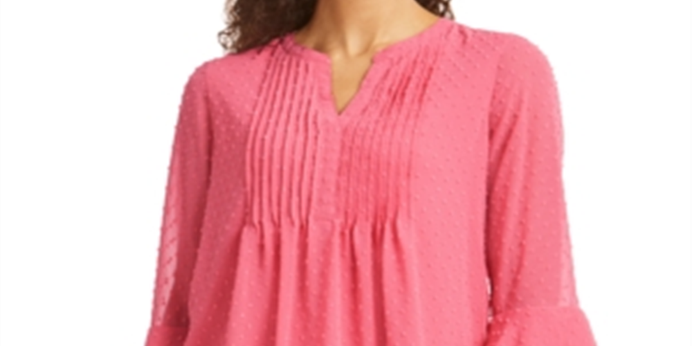 Charter Club Women's Double Ruffle Textured Pintuck Top Pink Rose Size Petite L