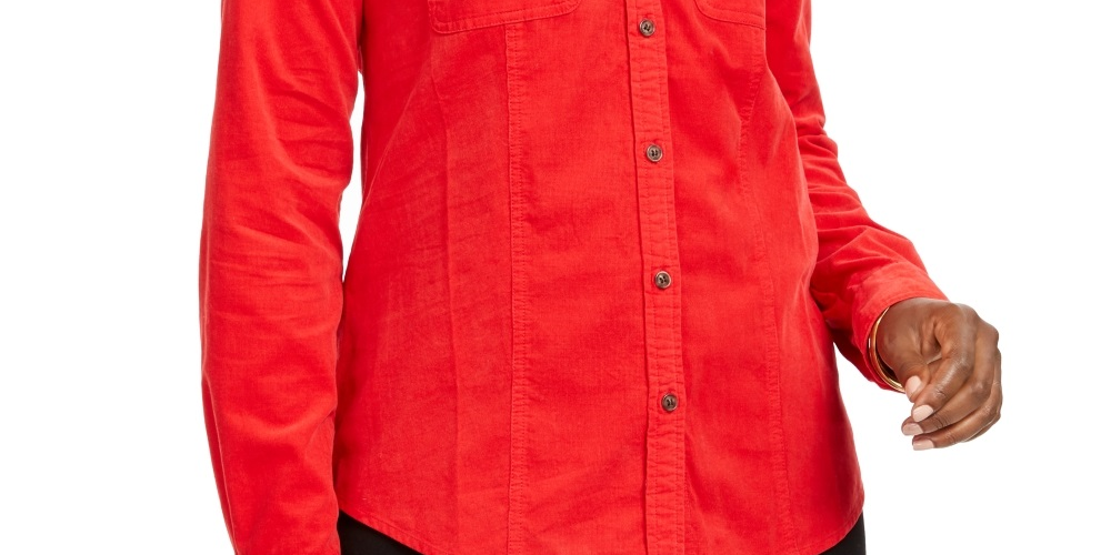 Charter Club Women's Button Down Cotton Corduroy Shirt Red Size Petite Small