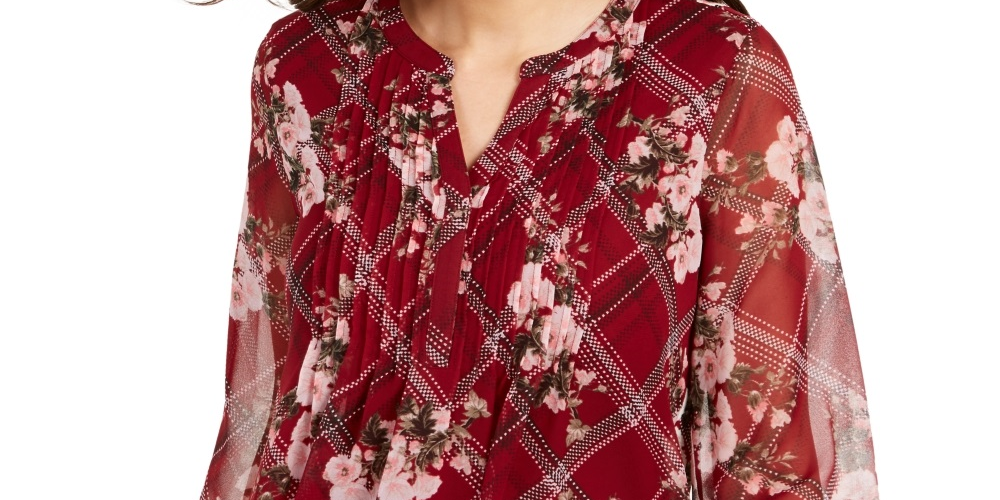 Charter Club Women's Mixed Print Split Neck Top Red Size Petite Small