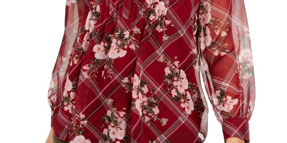 Charter Club Women's Mixed Print Split Neck Top Red Size Petite Small