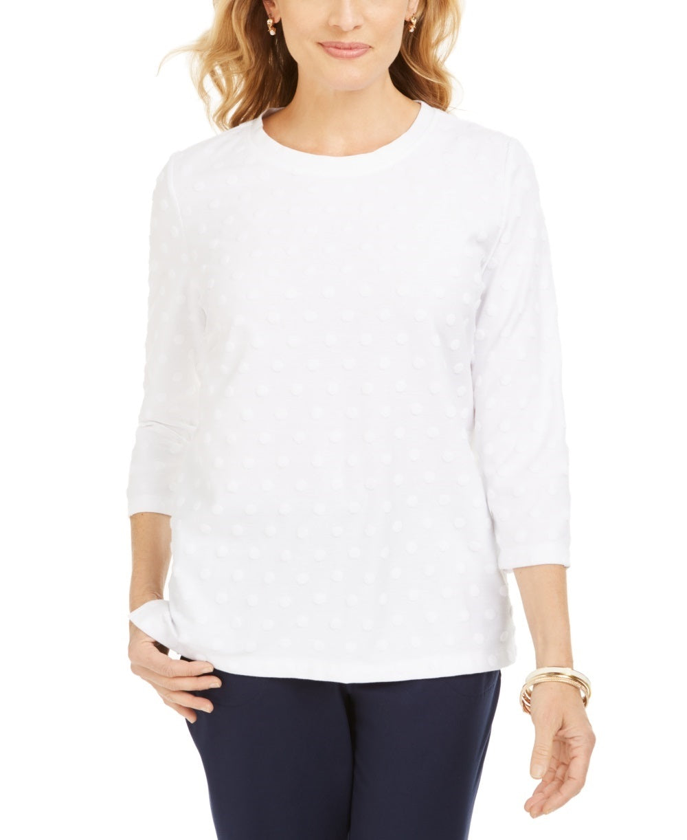 Karen Scott Women's Sport Textured Dot 3/4 Sleeve Top White Size Small