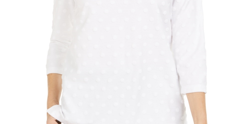 Karen Scott Women's Sport Textured Dot 3/4 Sleeve Top White Size Small