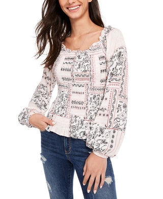 American Rag Junior's Printed Smocked Poet Sleeved Blouse Red Size Small