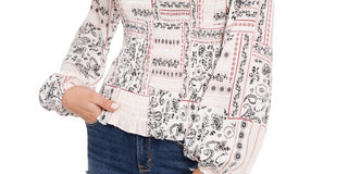 American Rag Junior's Printed Smocked Poet Sleeved Blouse Red Size Small