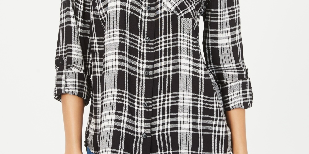 Style & Co Women's Plaid One Pocket Shirt Black Size Small