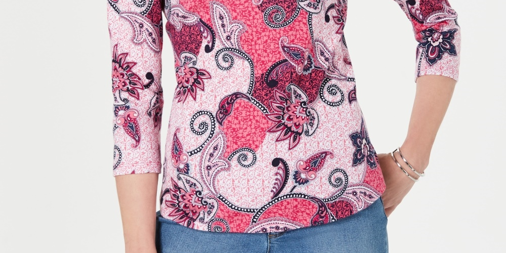 Charter Club Women's Printed Cotton 3/4 Sleeve Top Pink Size X-Small