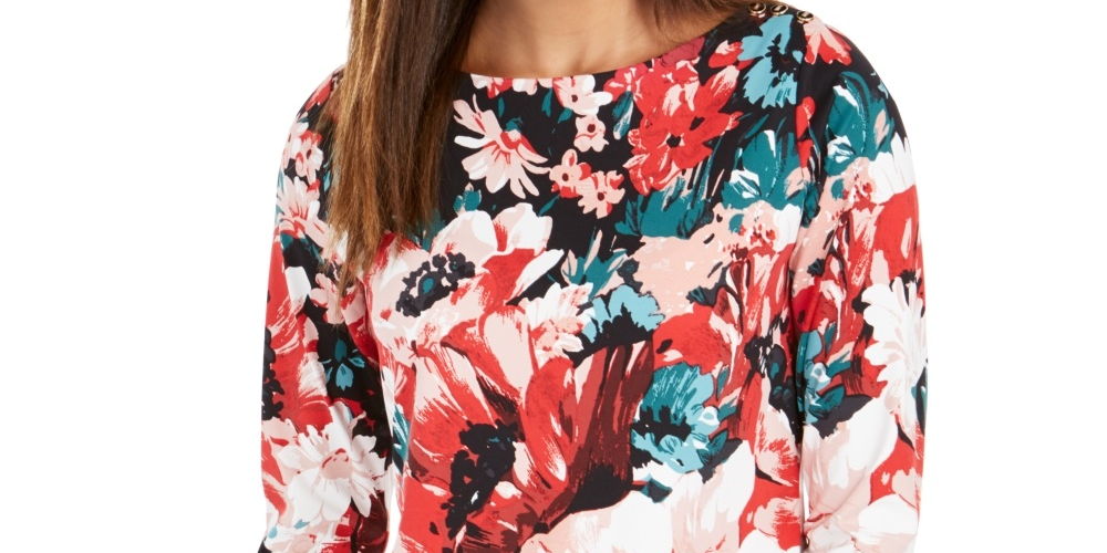 Charter Club Women's Floral Print Boat Neck Top Red Size Small