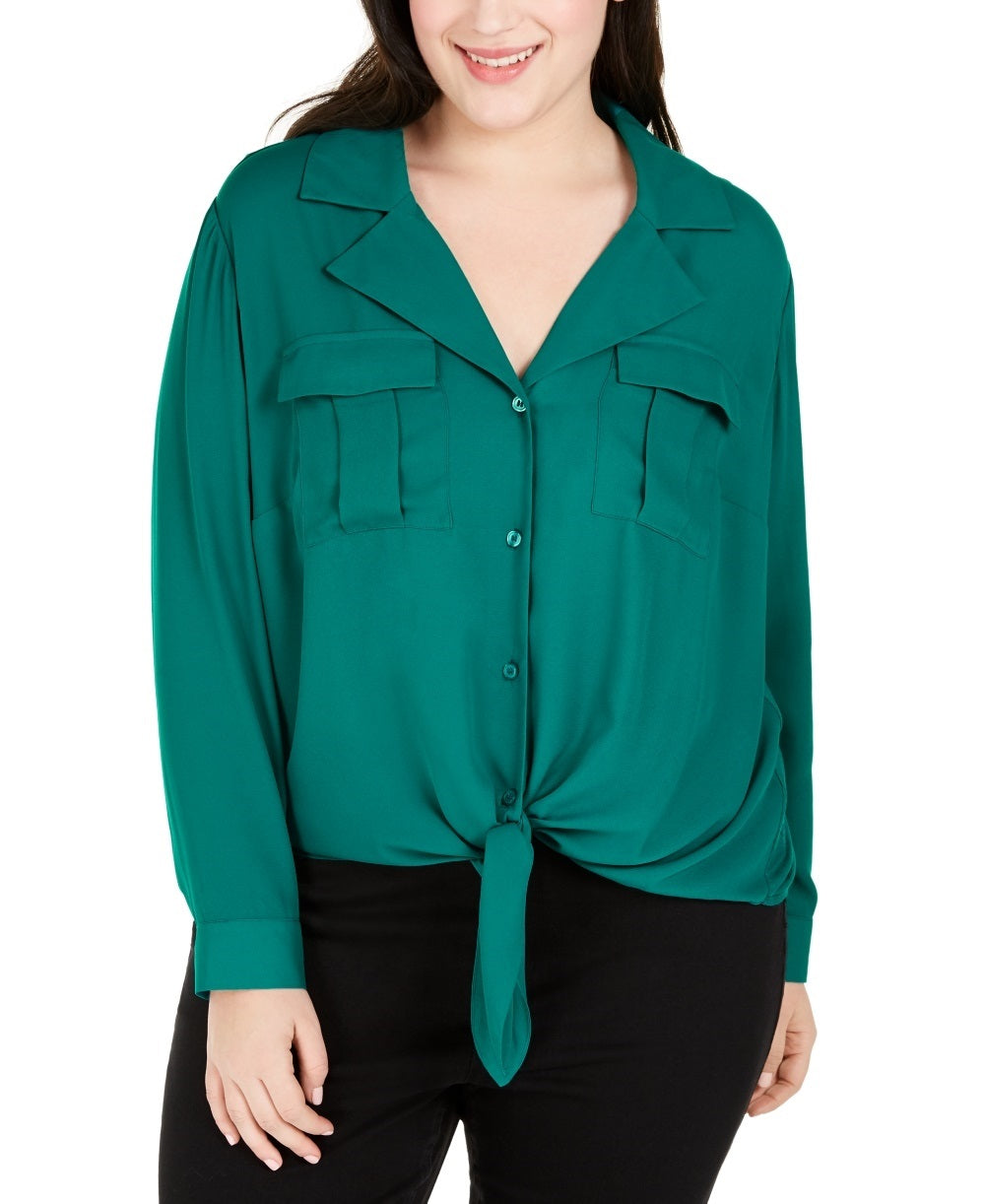 INC International Concepts Women's Plus Size Tie Front Blouse Green Size 1X