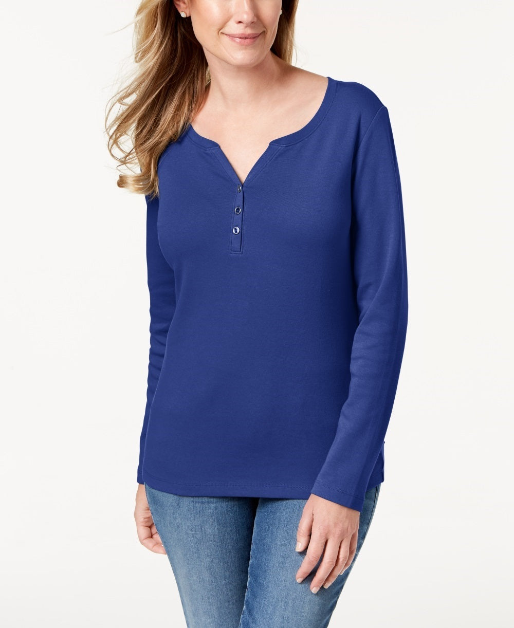 Karen Scott Women's Cotton Henley Top Blue Size Small
