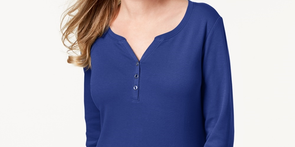 Karen Scott Women's Cotton Henley Top Blue Size Small