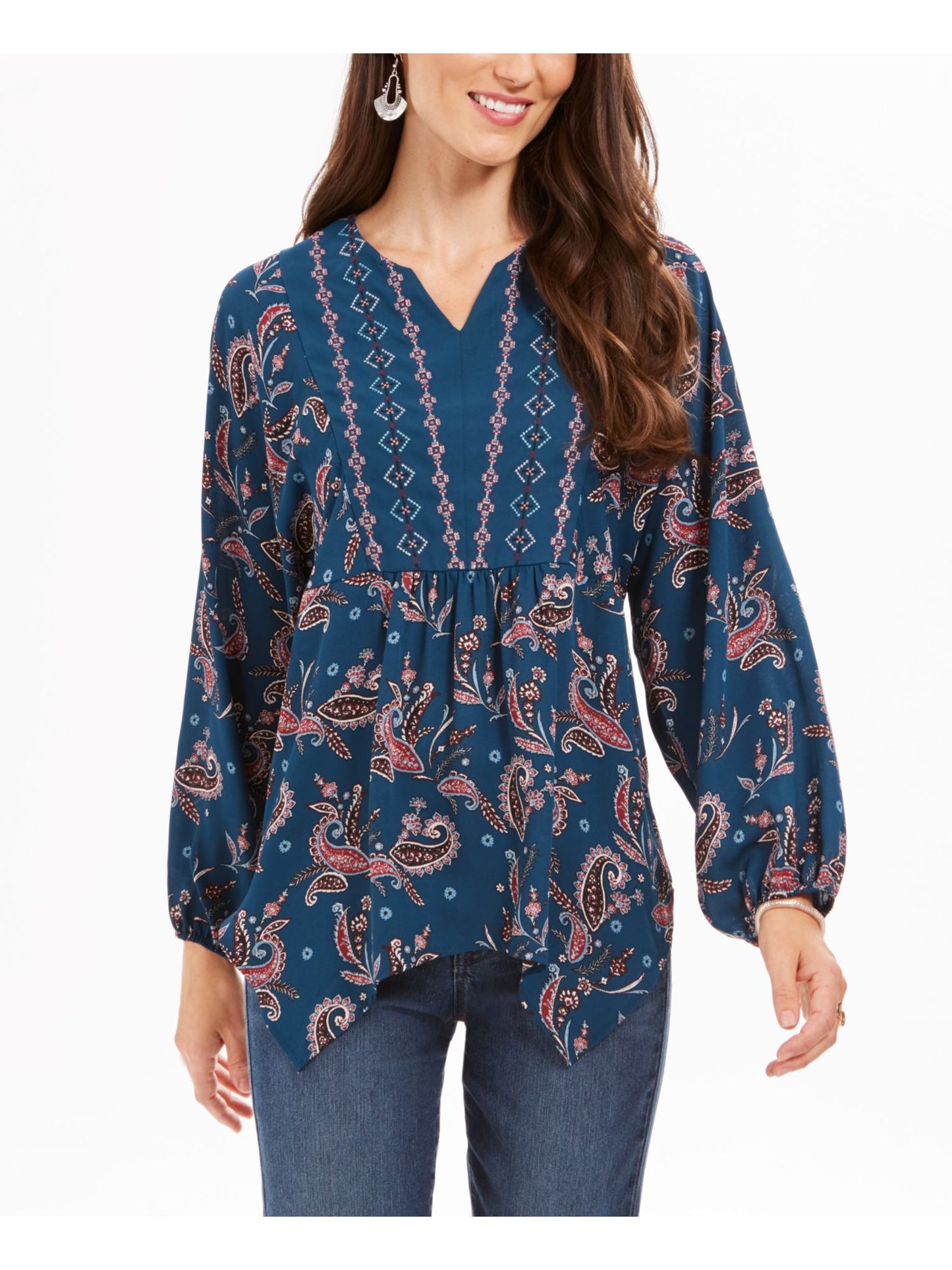 Style & Co Women'sTeal Paisley Long Sleeve V Neck Top- Paisley Kale Size Large