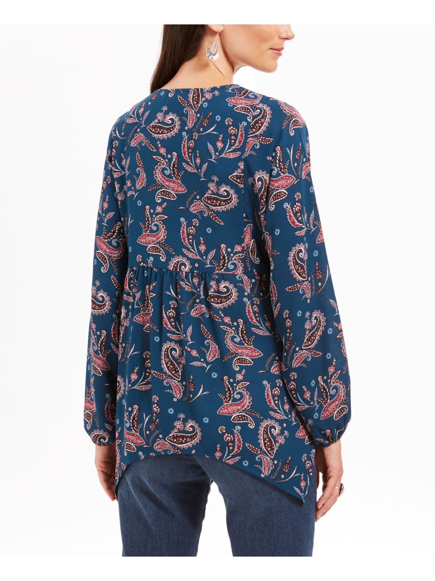 Style & Co Women'sTeal Paisley Long Sleeve V Neck Top- Paisley Kale Size Large