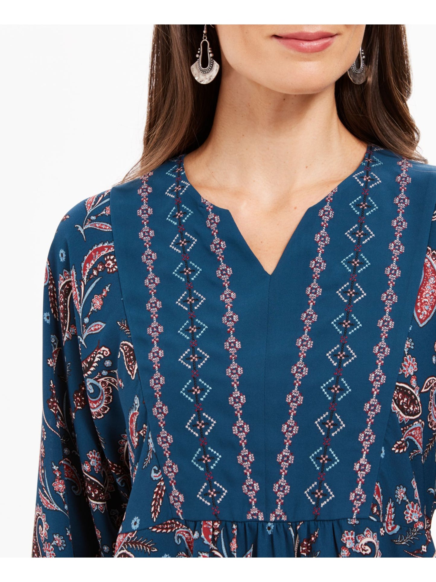Style & Co Women'sTeal Paisley Long Sleeve V Neck Top- Paisley Kale Size Large
