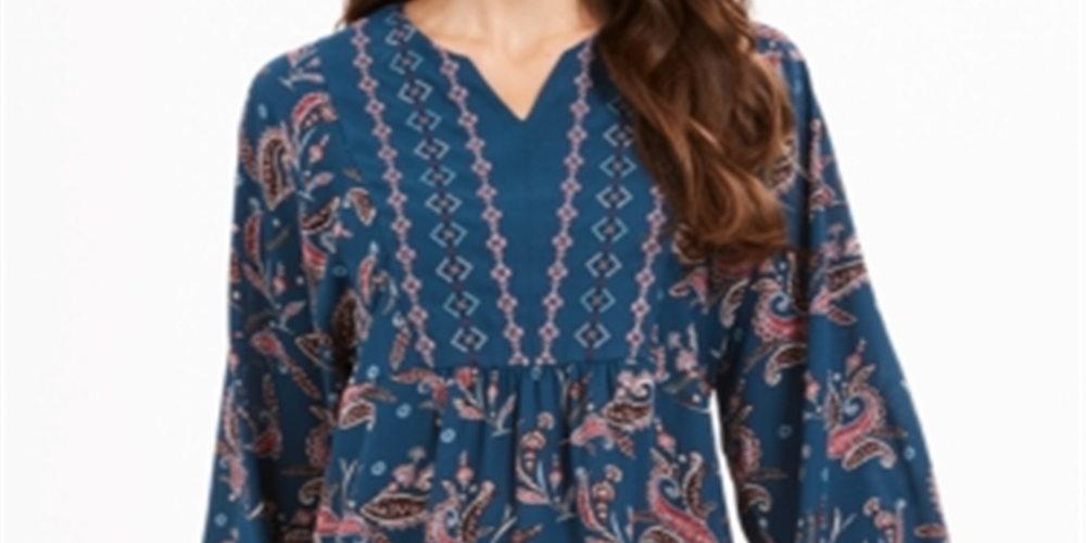 Style & Co Women'sTeal Paisley Long Sleeve V Neck Top- Paisley Kale Size Large