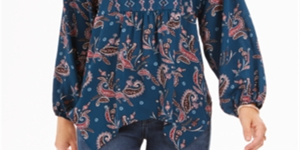 Style & Co Women'sTeal Paisley Long Sleeve V Neck Top- Paisley Kale Size Large
