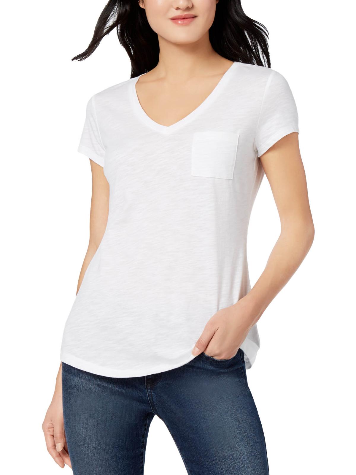 Maison Jules Women's V Neck Patch Pocket T-Shirt White Size Medium