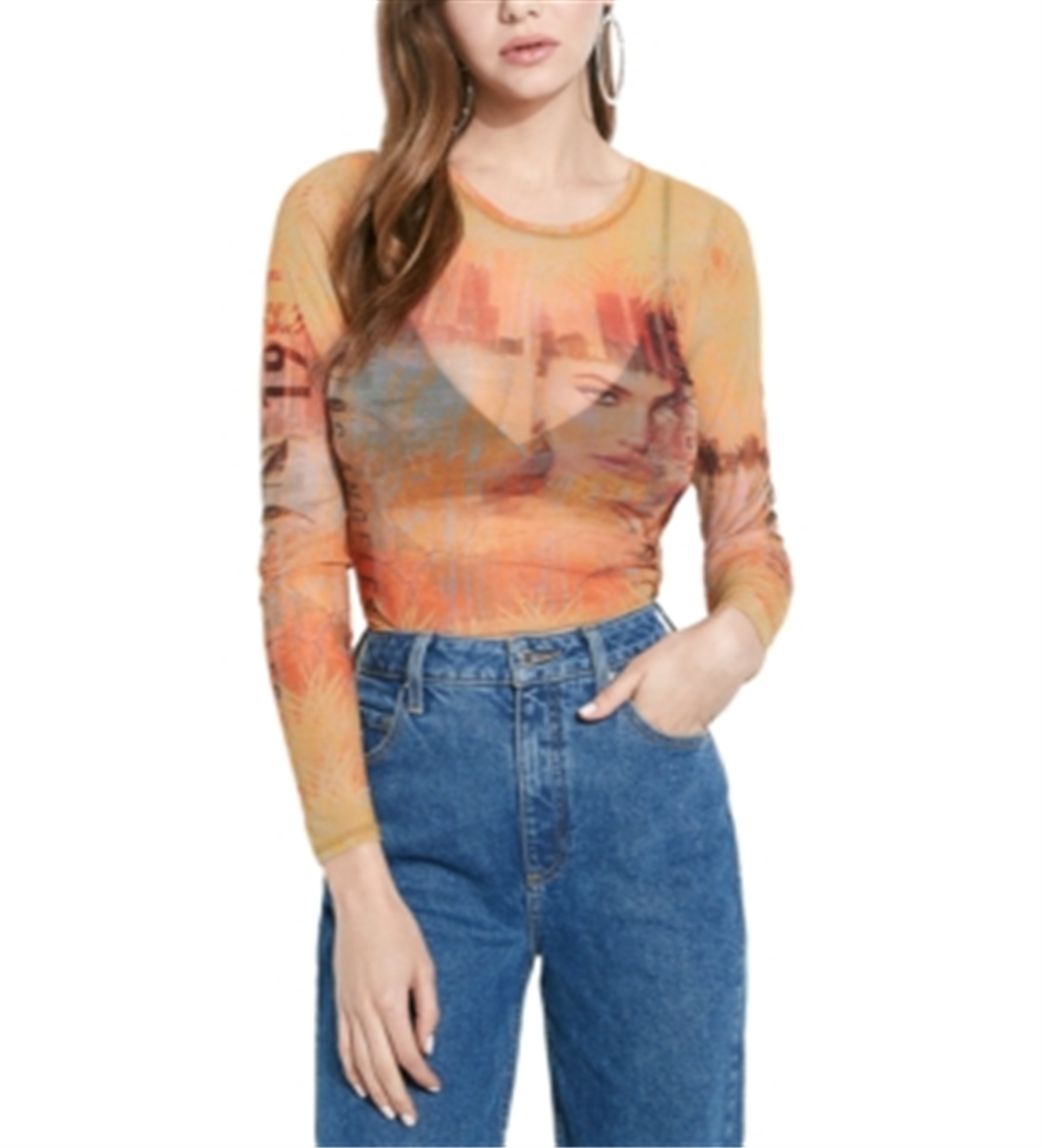 Guess Women's La 1981 Mesh Top Gold Multi Size XS