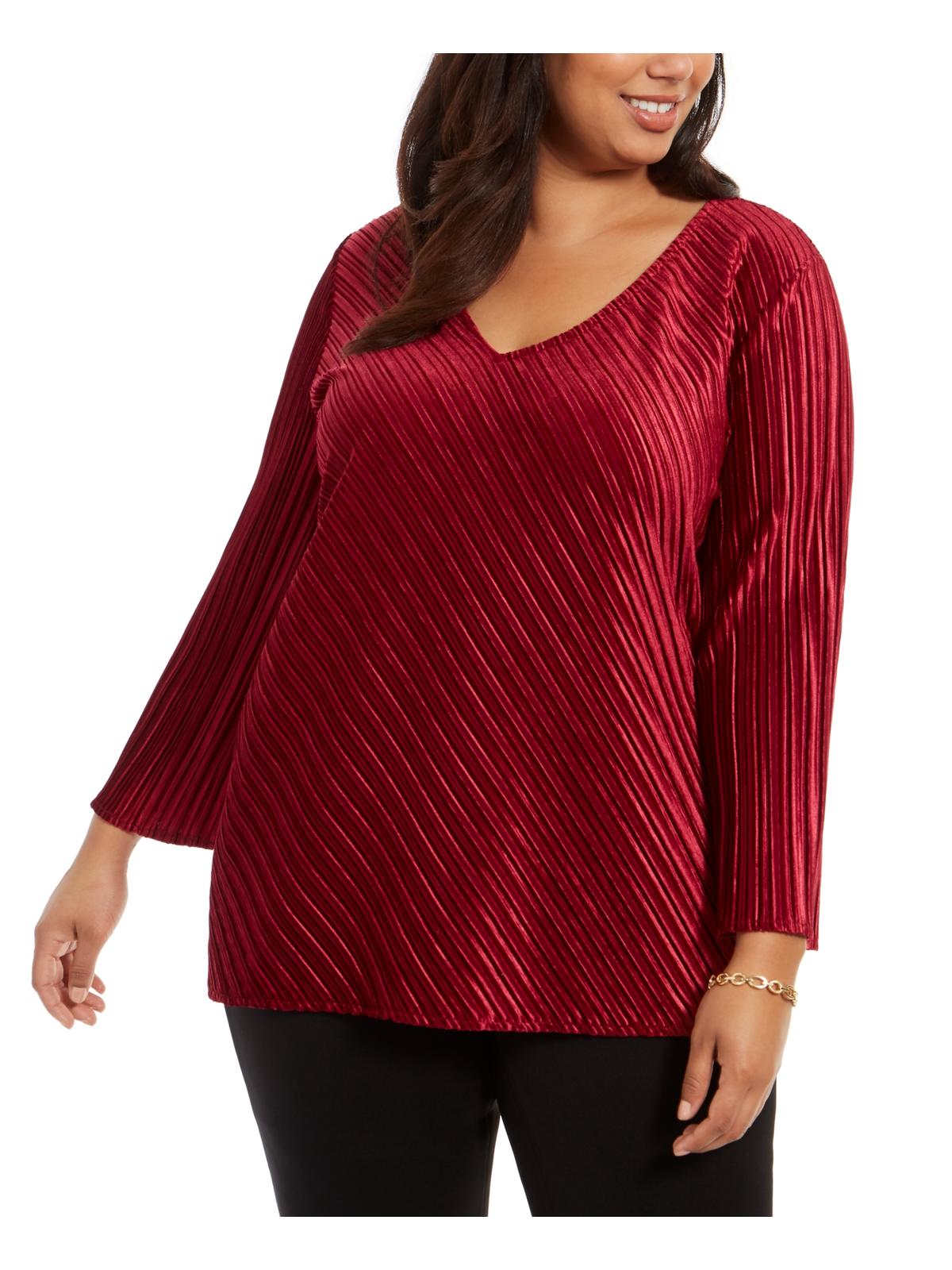 Alfani Women's Plus V Neck Ribbed Blouse Red Size 0X