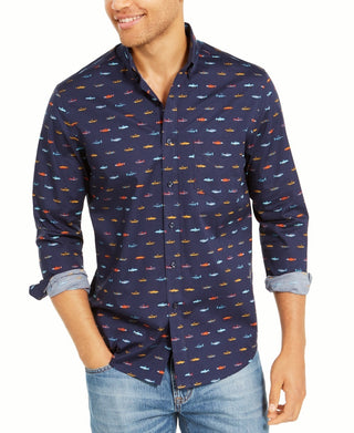 Club Room Men's Regular Fit Performance Stretch Fish Print Shirt Blue Size Small