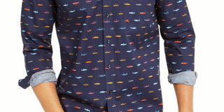 Club Room Men's Regular Fit Performance Stretch Fish Print Shirt Blue Size Small