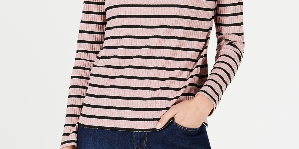 Charter Club Women's Striped Turtleneck Top Pink Size Petite Medium