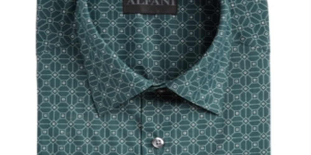 Alfani Men's Slim Fit Performance Stretch Square Tile Print Dress Shirt Green Size XL