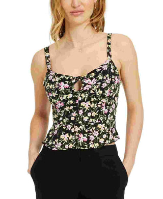 Bar III Women's Blouse Floral Smocked Back Cropped Top Black Size X-Small