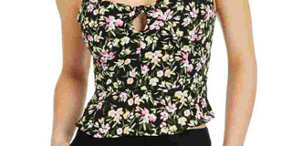 Bar III Women's Blouse Floral Smocked Back Cropped Top Black Size X-Small