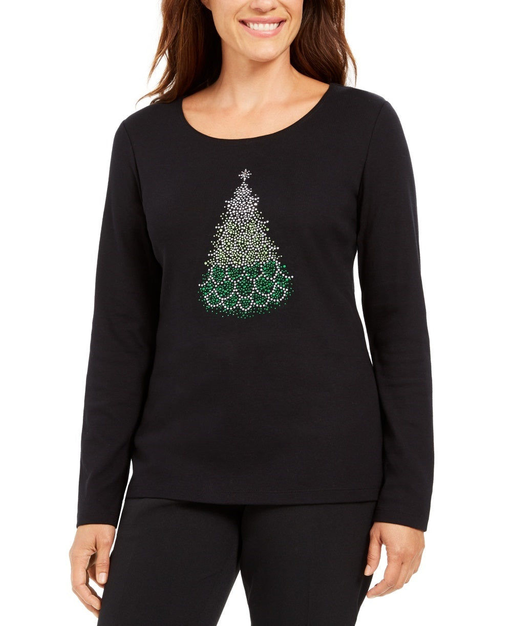 Karen Scott Women's Cotton Holiday Print T Shirt Black Size Small