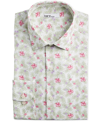 Bar III Men's Floral Print Slim Fit Button Down Shirt White-Pink  Size S