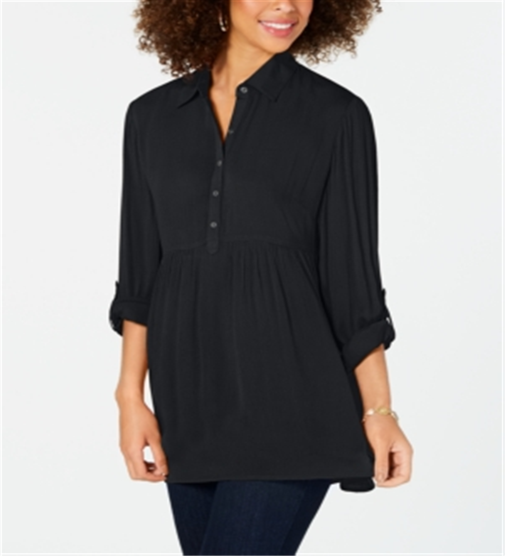 Style & Co Women's Solid Cuffed Collared Button up Wear to Work Top Black Size Petite Large