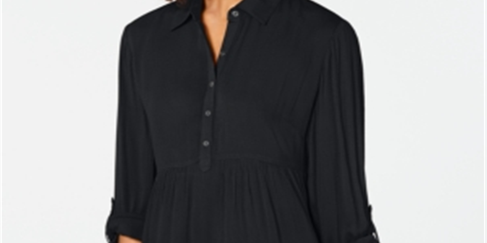 Style & Co Women's Solid Cuffed Collared Button up Wear to Work Top Black Size Petite Large