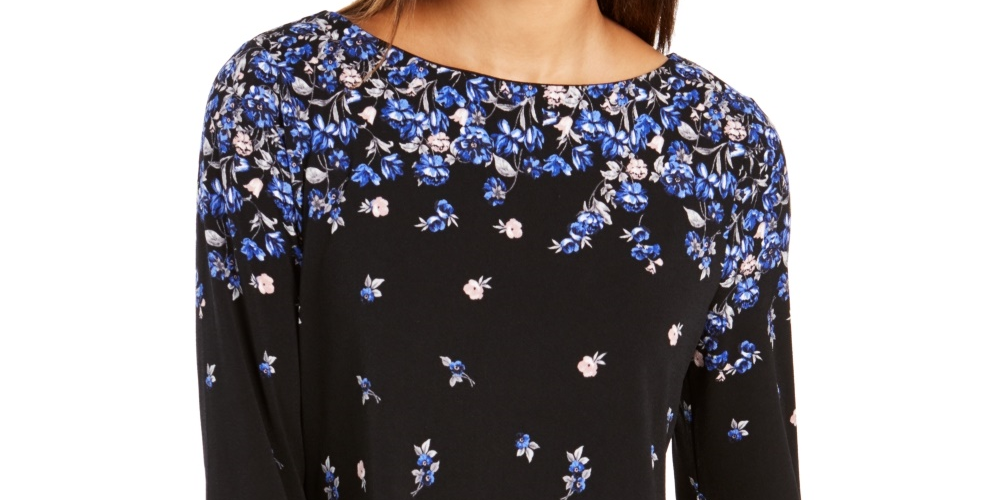 Charter Club Women's Floral Print Bell Sleeve Blouse Blue Size Small