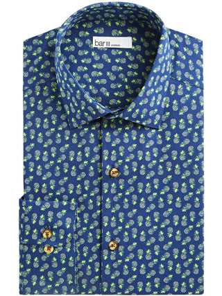 Bar III Men's Maxs Tossed Pineapple Slim Fit Print Button Down Shirt Navy/Yellow Size S
