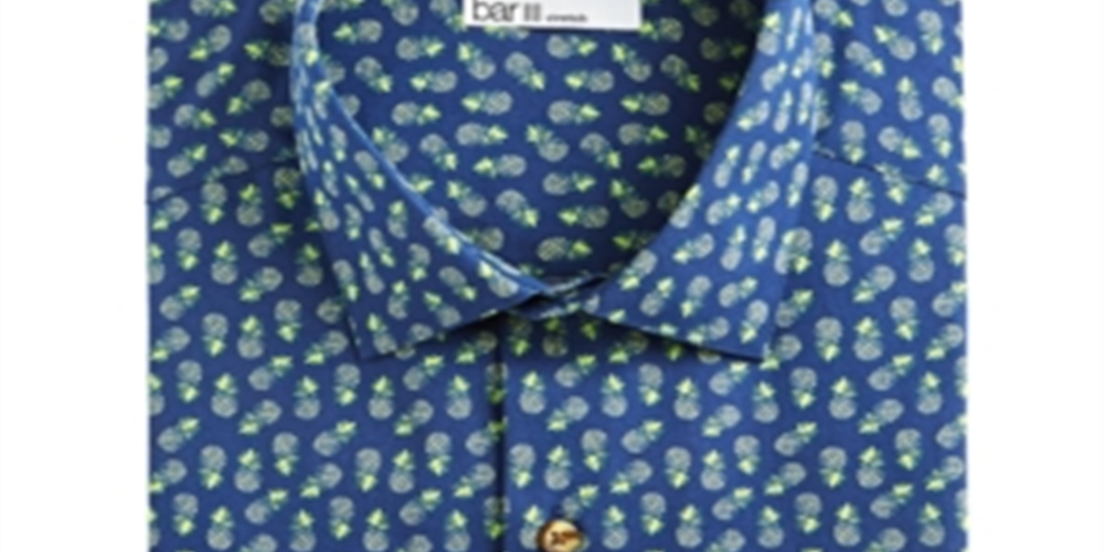 Bar III Men's Maxs Tossed Pineapple Slim Fit Print Button Down Shirt Navy/Yellow Size S