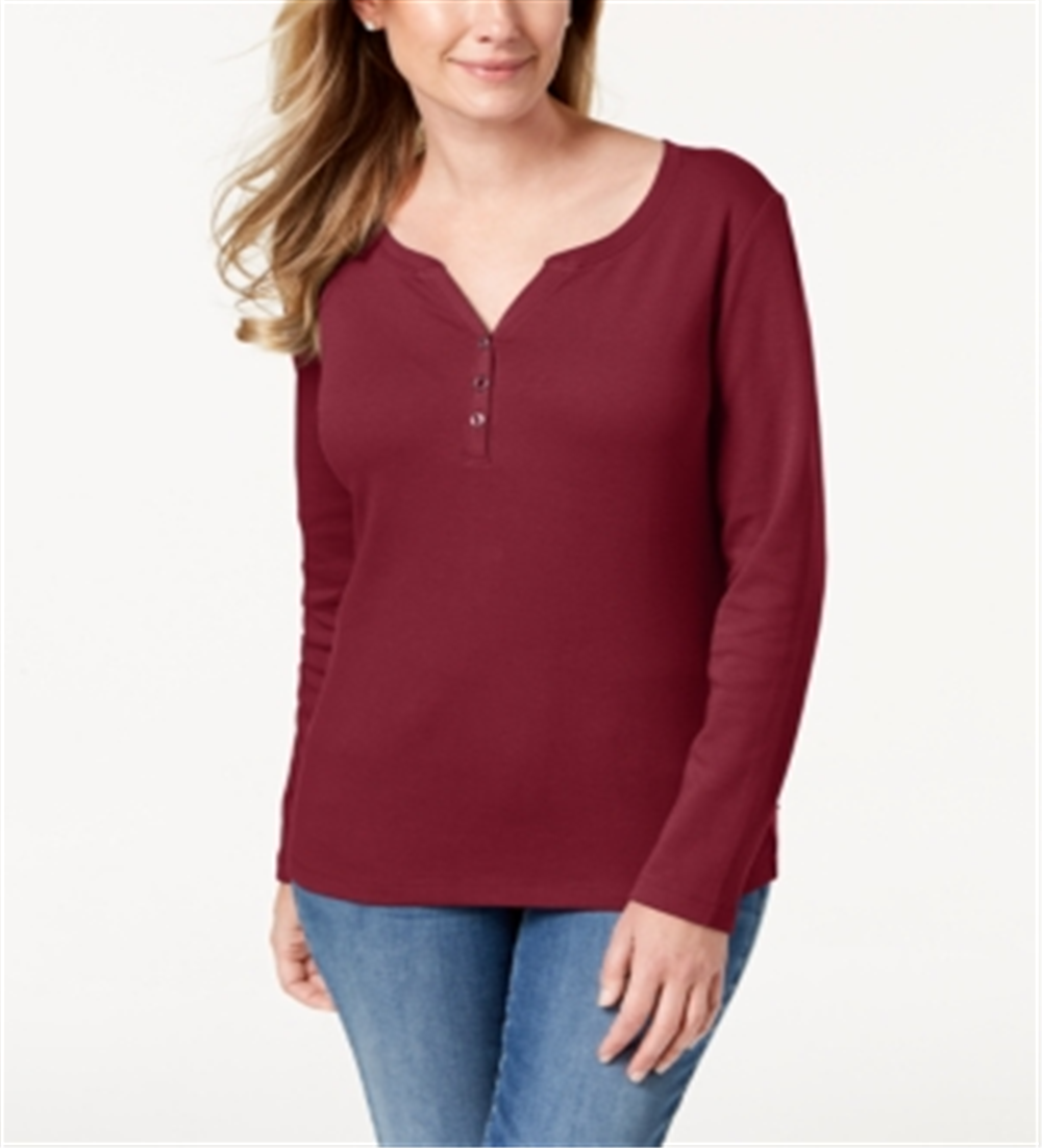Karen Scott Women's Cotton Henley Neck Top Red Size Petite Small