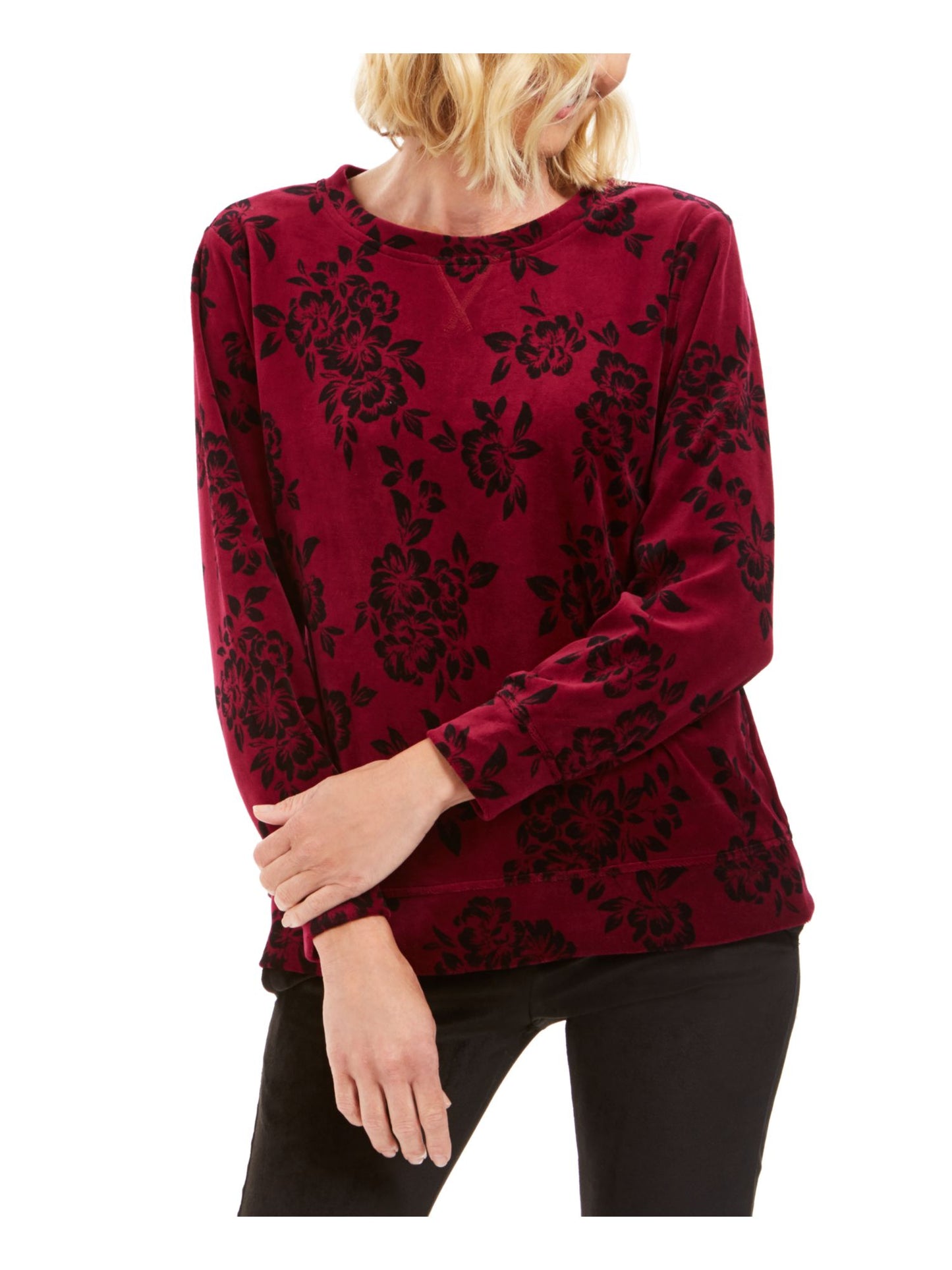 Karen Scott Women's Printed Long Sleeve Jewel Neck Evening Sweater Purple Size Petite Medium