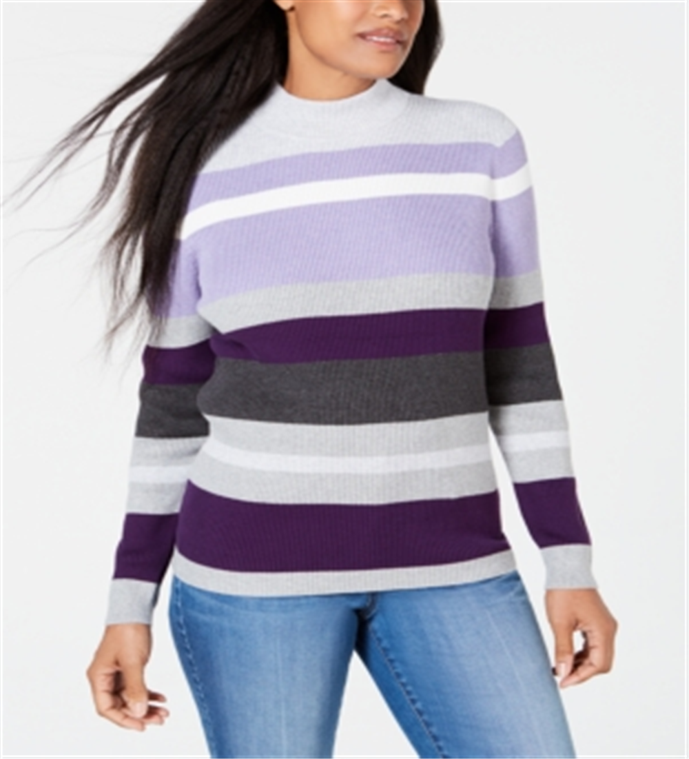 Karen Scott Women's Cotton Striped Ribbed Sweater Purple Size Petite Large