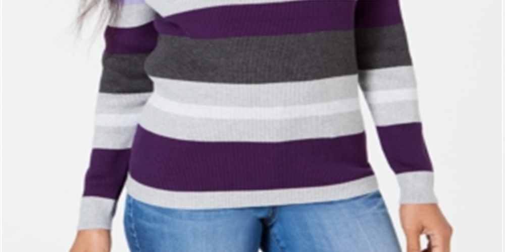 Karen Scott Women's Cotton Striped Ribbed Sweater Purple Size Petite Large