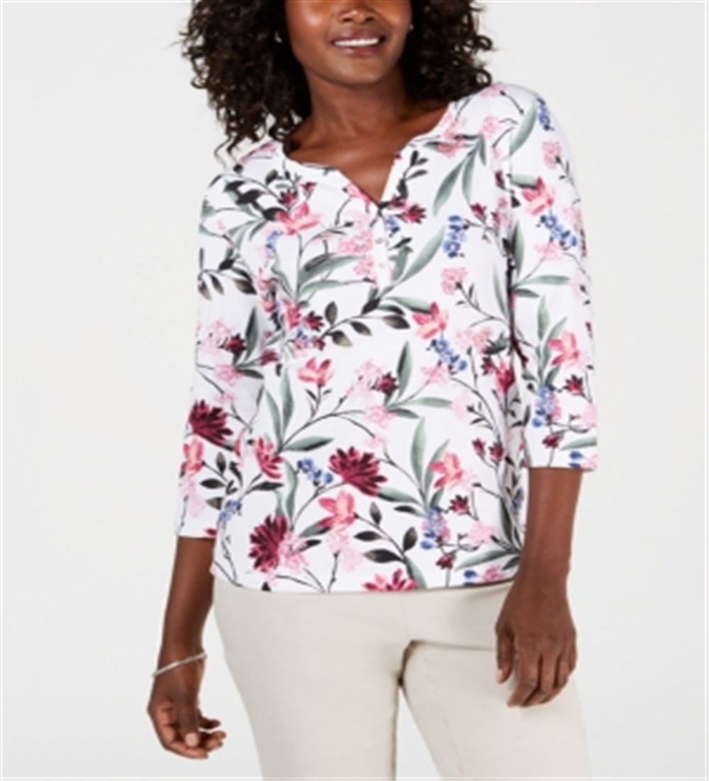 Karen Scott Women's Printed Henley Top White Floral Size Petite S