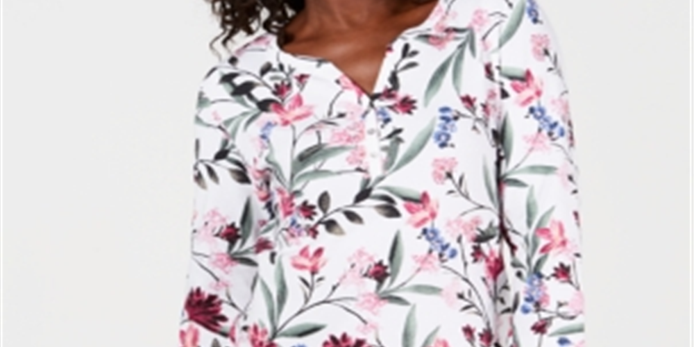 Karen Scott Women's Printed Henley Top White Floral Size Petite S