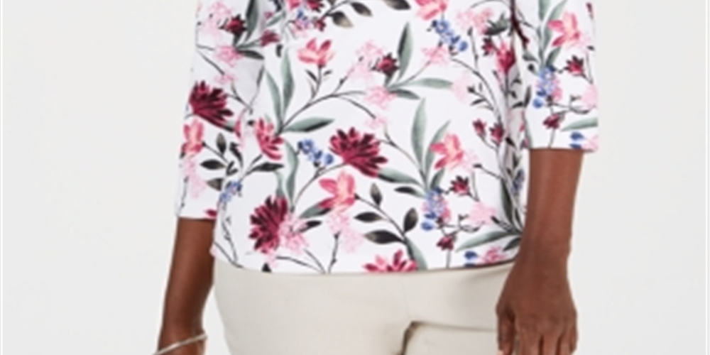 Karen Scott Women's Printed Henley Top White Floral Size Petite S